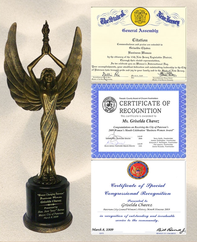 Collection of Awards and Certificates received by Griselda Chavez, including a 'Women Changing Paterson' statue.